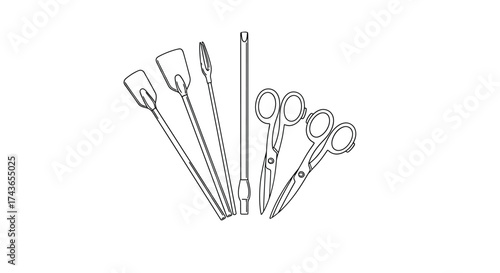 Aquascaping and Aquarium Maintenance Tools Line Art Vector Set