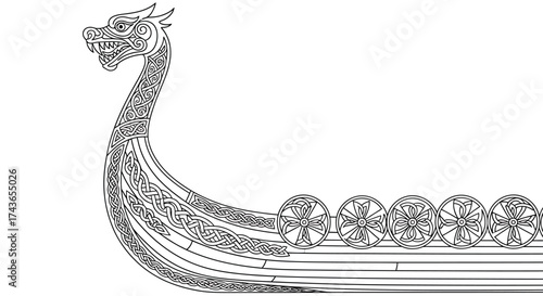 Iconic Viking Longship Prow with Dragon Head and Intricate Knotwork Outline