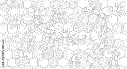 Detailed Line Art Honeycomb with Busy Bees and Beehive Cells Outline Pattern