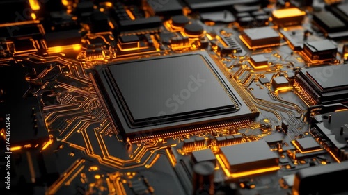 Electronic circuit board with processor and glowing connections close-up