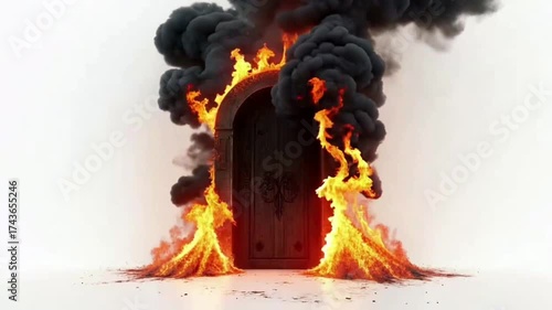 A dramatic scene of an old wooden door surrounded by intense flames and thick black smoke, symbolizing destruction, danger, and mystery in a surreal atmosphere