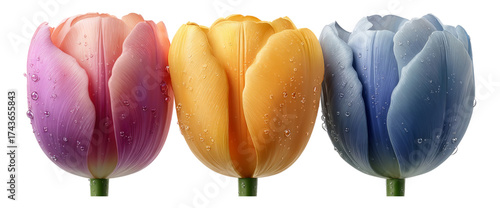 Three Colorful Tulips with Water Droplets on Transparent Background