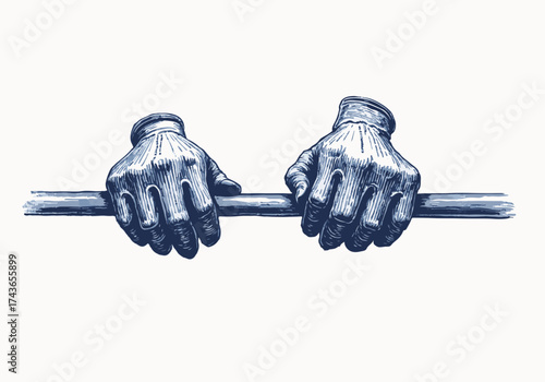 Gloved hands gripping a railing, showcasing winter's chill, with a focus on texture and detail, evoking a sense of warmth amidst the cold season