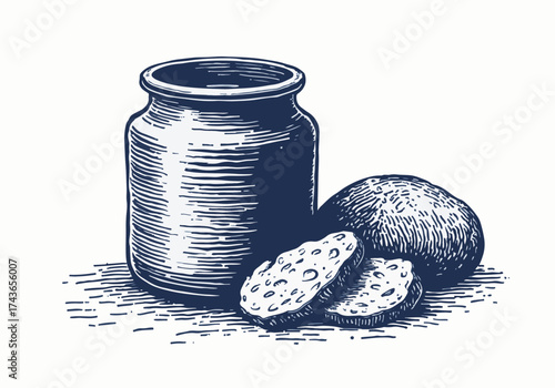 Jar of hearty stew beside freshly baked bread and sliced rolls, creating a cozy winter atmosphere with rustic textures and warm colors for seasonal comfort food