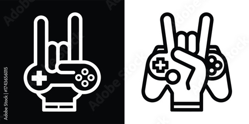 Gamer hand rock sign with video game controller outline vector icon symbol gaming culture esports joystick illustration for poster and t shirt design