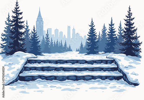 Icy steps lead through a winter landscape with snow-covered trees and a distant city skyline, creating a serene and chilly urban atmosphere