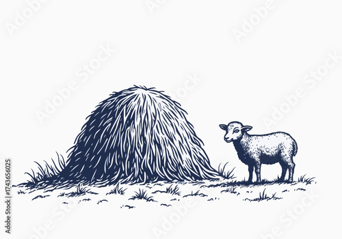 Lamb standing near a snowy haystack in a winter landscape, showcasing the serene beauty of nature and the charm of rural life during the cold season