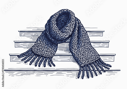 Knitted scarf draped elegantly on wooden steps, showcasing intricate patterns and textures, embodying the cozy essence of winter fashion and warmth