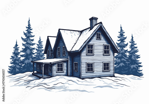 Old ski lodge exterior surrounded by snow-covered landscape and evergreen trees, showcasing rustic architecture and winter charm in a serene mountain setting