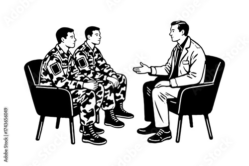 Two soldiers in uniform talking to a therapist in a seated counseling session, black and white graphic style, on a white background, concept of military mental health