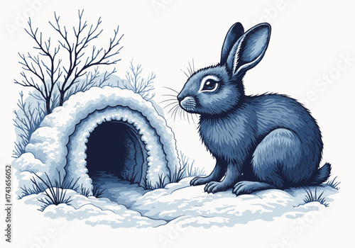 Rabbit sitting beside snow-covered tunnel in winter landscape, surrounded by frosty trees and soft white snow, showcasing serene wildlife in a cold environment