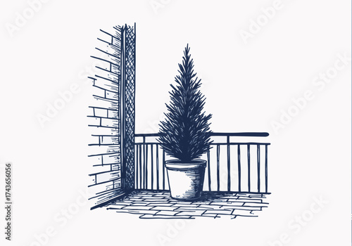 Potted pine tree on balcony with brick wall and railing, creating a cozy winter atmosphere, perfect for seasonal decor and indoor gardening inspiration