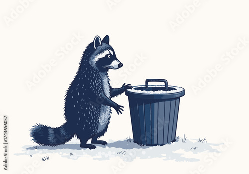 Raccoon standing beside a trash bin covered in snow, showcasing winter wildlife in a serene snowy landscape, highlighting nature's playful creatures and their habitats