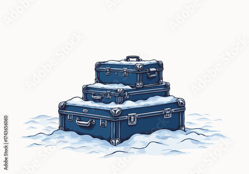 Packed suitcases covered in snow, stacked together in a winter landscape, evoking a sense of adventure and travel during the cold season