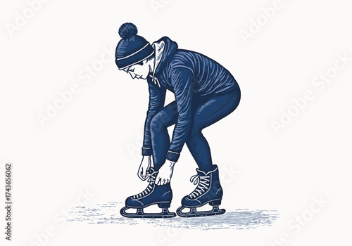 Young woman tying ice skates while preparing to skate on a frozen pond, dressed warmly in winter attire, showcasing the joy of winter sports and outdoor activities