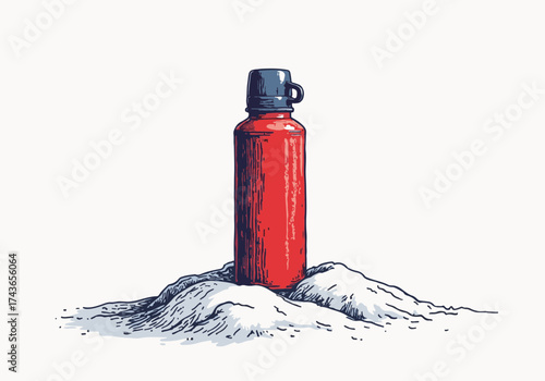 Red thermos standing on a snowy surface, surrounded by soft white snow, creating a cozy winter atmosphere with a focus on warmth and outdoor adventure