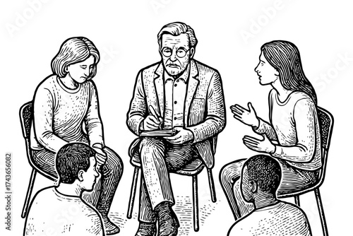 Group of people attending therapy session with psychologist in hand-drawn sketch style on white background, concept of mental health support