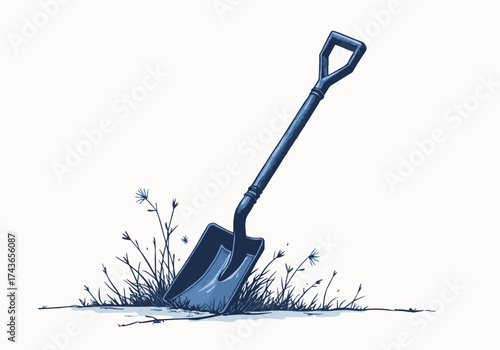 Shovel resting in snow-covered ground surrounded by grass, illustrating winter maintenance tools and the importance of snow removal for clear pathways and safety
