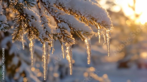 Icicles hanging from snowy branches at winter sunset