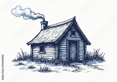 Shepherd hut with smoke rising from chimney, surrounded by winter landscape, showcasing rustic charm and cozy atmosphere in a serene snowy environment