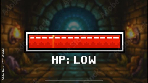Animated health bar in a vintage game environment decreasing from full to low condition
