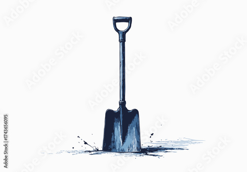 Shovel standing upright in fresh snow, surrounded by winter landscape, showcasing the tool's metallic sheen and texture, ideal for snow removal and winter activities