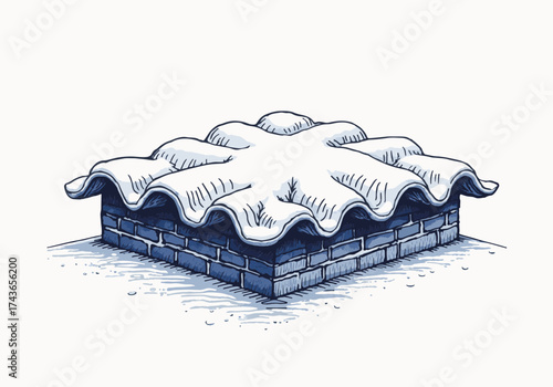 Snow-covered rooftop tiles resting on a brick surface, showcasing winter's beauty and the serene atmosphere of a snowy landscape with intricate textures