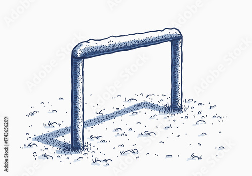 Snow-covered soccer goal post stands in a winter landscape, surrounded by a blanket of white snow, creating a serene and tranquil atmosphere for winter sports enthusiasts