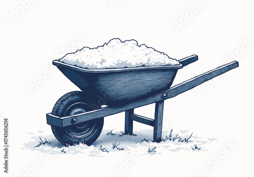Wooden wheelbarrow filled with fresh snow rests on a snowy ground, showcasing winter's beauty and the serene atmosphere of a snowy landscape with copy space