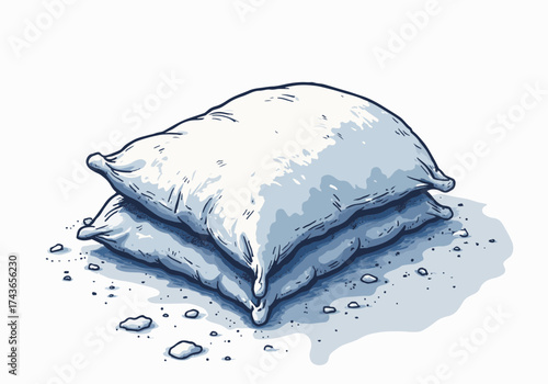 Snow-covered sandbags stacked on a snowy surface, showcasing winter elements and textures, creating a serene and tranquil atmosphere in a seasonal setting