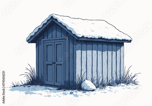 Snow-covered shed with a sloped roof, surrounded by winter grass and a stone, showcasing a serene winter landscape and the beauty of seasonal changes