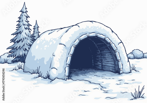 Snow tunnel structure in a winter landscape, surrounded by evergreen trees and a snowy ground, creating a serene and magical winter wonderland atmosphere