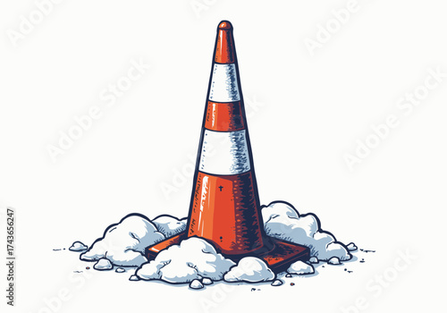Traffic cone partially buried in a snow pile, showcasing winter's impact on urban environments, highlighting seasonal challenges and safety measures in snowy conditions