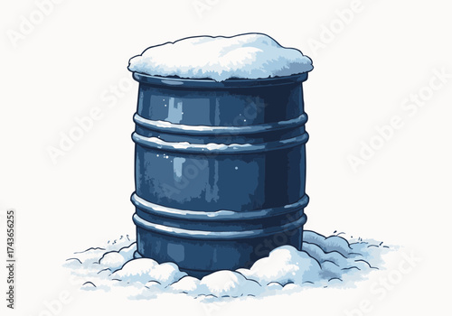 Snow-covered rain barrel surrounded by soft white snow, showcasing winter's chill and serene beauty in a tranquil outdoor setting with a peaceful atmosphere