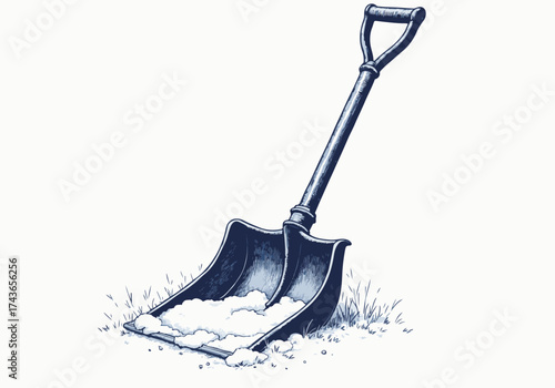 Snow shovel resting on porch with snow accumulation, showcasing winter season elements and outdoor maintenance tools for residential care and snow removal