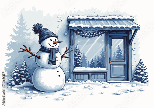 Snowman wearing a blue hat and scarf stands cheerfully near a shop door, surrounded by snow-covered trees and a winter wonderland atmosphere