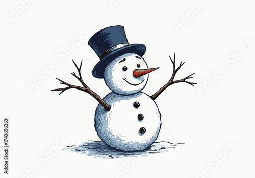 Snowman with a black top hat and orange carrot nose, standing cheerfully in a snowy landscape, showcasing winter joy and festive spirit in a playful illustration