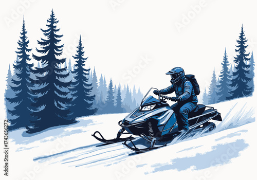 Snowmobile rider navigating snowy forest trail, surrounded by tall evergreen trees, showcasing winter adventure and excitement in a serene landscape