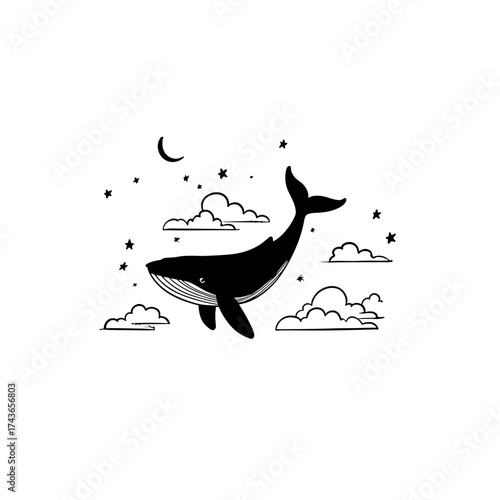 Humpback Whale. Humpback Whale simple black and white line art vector logo