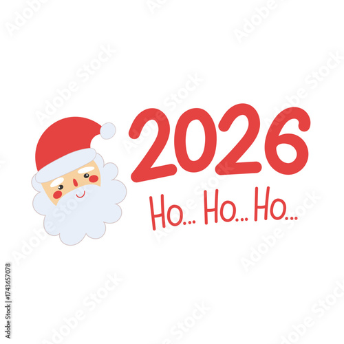 Santa Claus illustration with red 2026 numbers and Ho Ho Ho text. Colorful Christmas and New Year design for cards, posters, and seasonal projects.