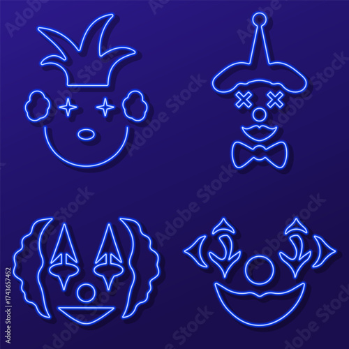 clown neon icon group, vector illustration on black background.