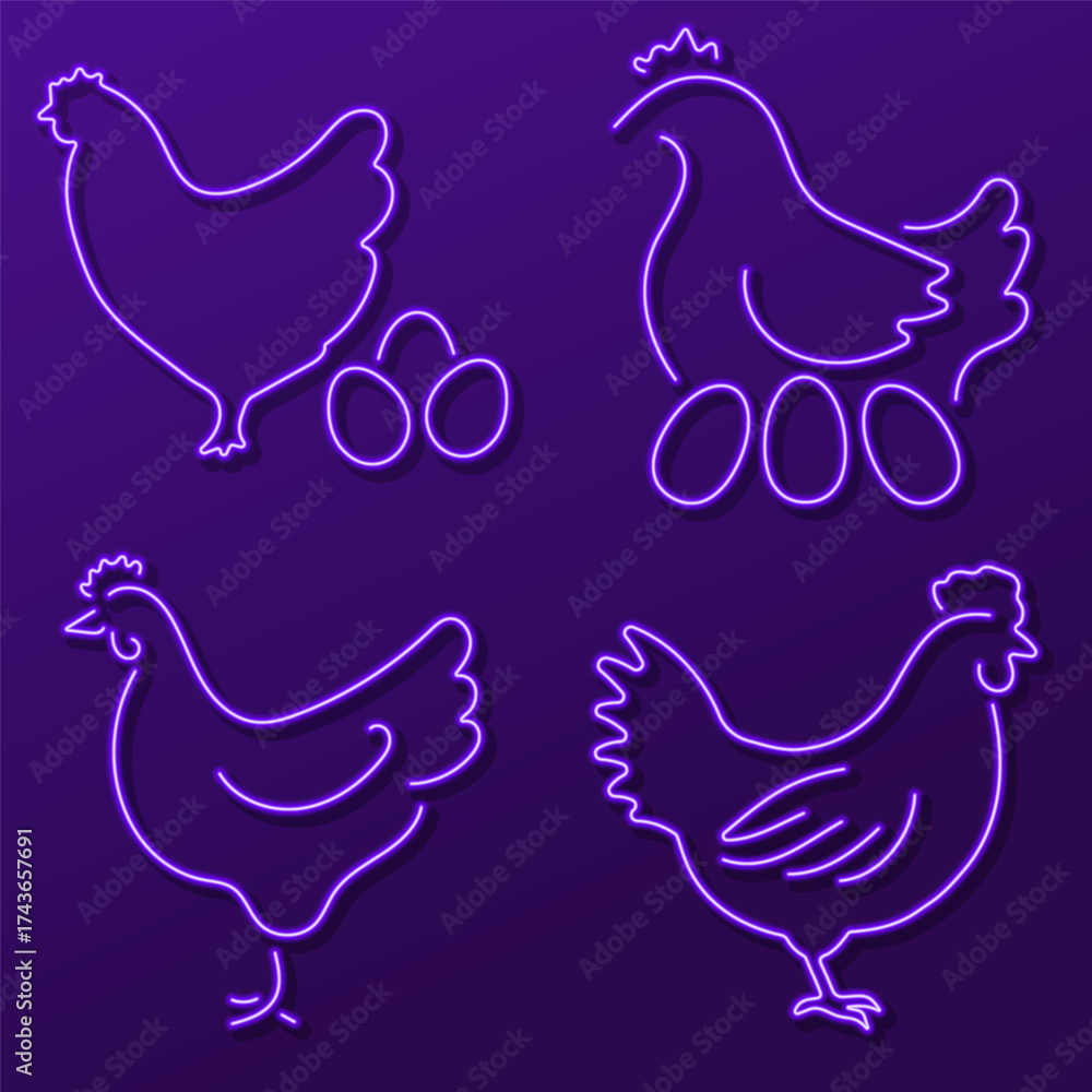 Fototapeta premium chicken group of neon icons, vector illustration on black background.