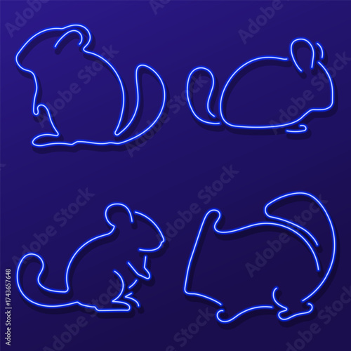 chinchila group of neon icons, vector illustration, on a black background.