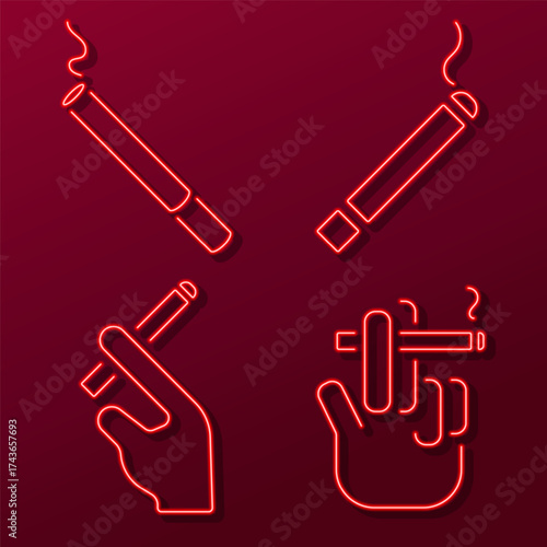 cigarette neon icon group, vector illustration on black background.