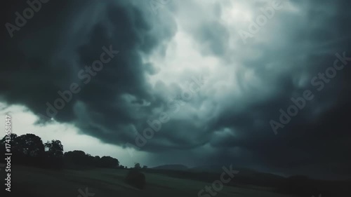 Dramatic storm clouds over a dark landscape, stormy weather