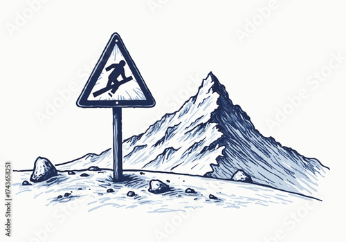 Avalanche warning sign stands prominently in snowy landscape, surrounded by rocky terrain and majestic mountains, emphasizing winter safety and outdoor adventure