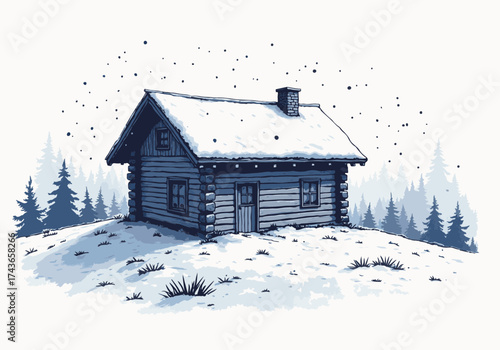Alpine hut nestled in a snowy landscape, surrounded by tall evergreen trees, creating a serene winter atmosphere with falling snowflakes and a peaceful ambiance