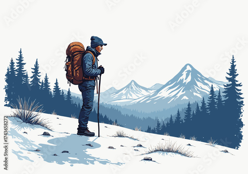 Backpacker standing in snowy field, surrounded by majestic mountains and evergreen trees, enjoying winter landscape and adventure in nature's serene beauty
