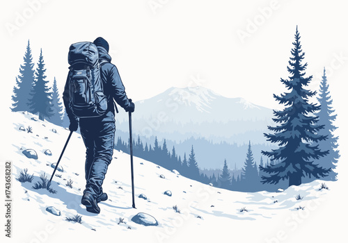 Backpacker with trekking poles navigates snowy trail surrounded by evergreen trees and mountains, capturing the essence of winter adventure and exploration in a serene landscape