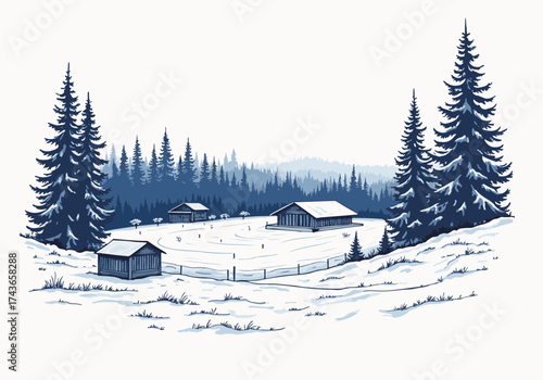 Winter landscape featuring snow-covered ground, evergreen trees, and rustic wooden cabins, creating a serene and tranquil atmosphere in a picturesque snowy setting